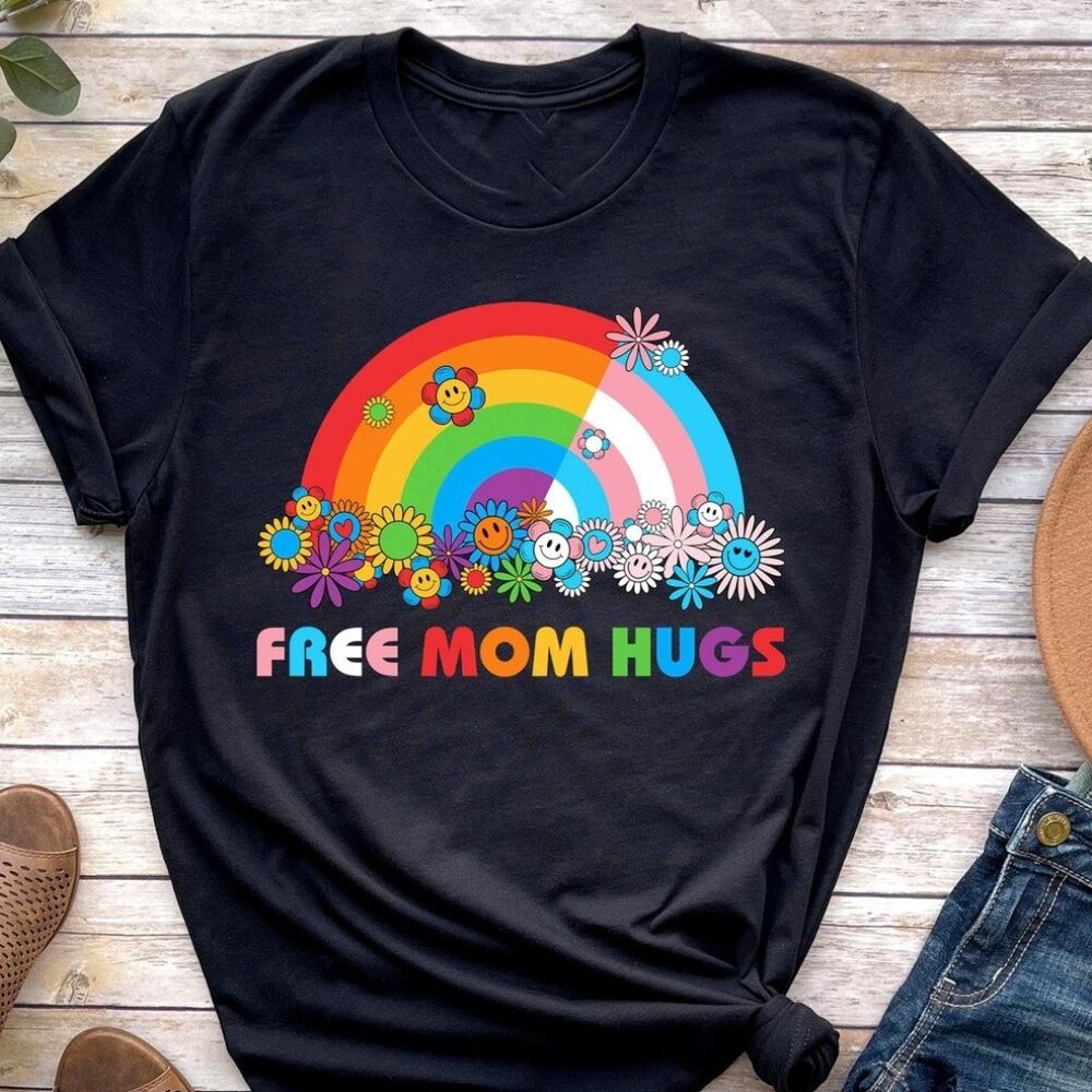Free Mom Hugs T-Shirt, Proud Mom Apparel, Rainbow Gay Pride T-Shirt